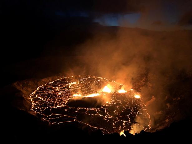 A rising lava lake is seen within Halema'uma'u crater during the eruption of Kilauea  volcano