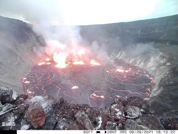 General view of lava surfacing on the Halema'uma'u crater of Kilauea volcano in Hawaii