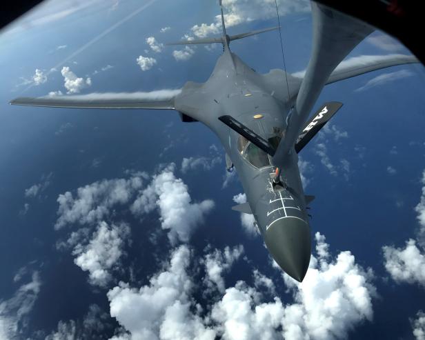 FILE PHOTO: One of two U.S. Air Force B-1B Lancer bombers is refueled during a 10-hour mission from Guam