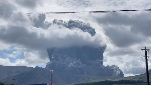 Smoke and ash are seen during an eruption on Mount Aso, a volcano in Kumamoto, Japan