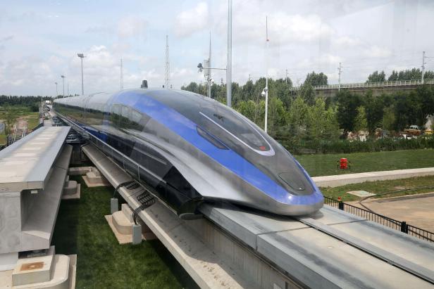 High-speed maglev train is pictured in Qingdao