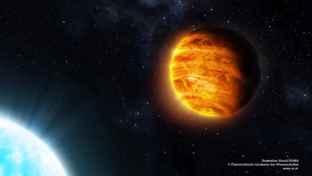 Künstlerische Darstellung des Planeten KELT-9b im engen Orbit um seinen Mutterstern