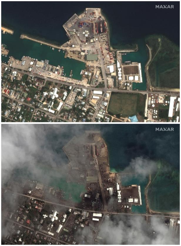 Satellite images show the main port facilites before and after the main eruption of the Hunga Tonga-Hunga Ha'apai volcano, in Nuku'alofa