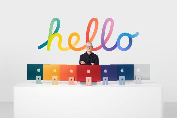 Apple CEO Tim Cook with the all-new iMac lineup in Cupertino