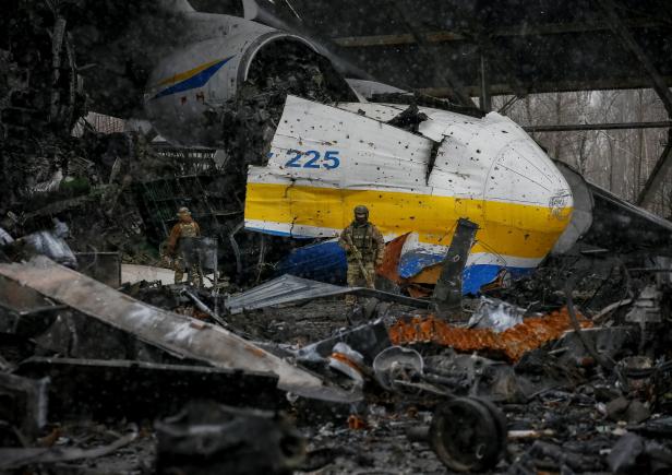 Antonov An-225 Mriya cargo plane, the world's biggest aircraft, destroyed by Russian troops is seen at an airfield in the settlement of Hostomel