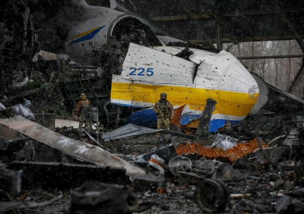 An Antonov An-225 Mriya cargo plane, the world's biggest aircraft, destroyed by Russian troops is seen at an airfield in the settlement of Hostomel