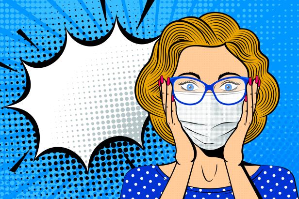 Pop art female face in medical mask. Shocked blonde woman in glasses with speech bubble.