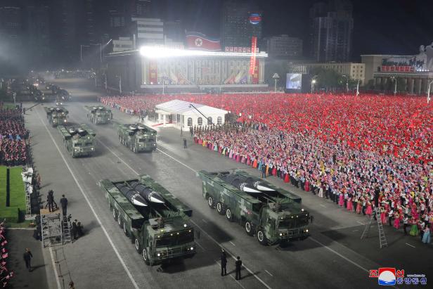 Nighttime military parade to mark the 90th anniversary of the founding of the Korean People's Revolutionary Army in Pyongyang