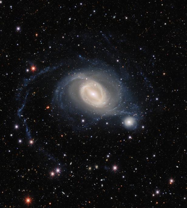 Eine Spiralgalaxie leuchtet inmitten eines Feldes von Sternen.