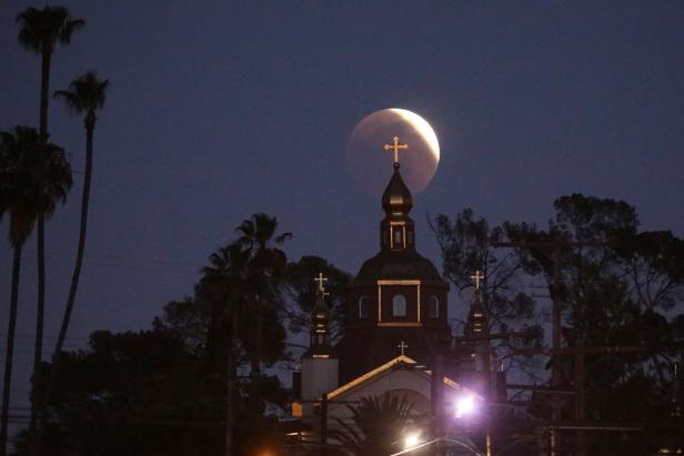 The moon is seen during a lunar eclipse in Los Angeles