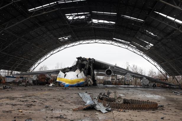 An Antonov An-225 Mriya cargo plane, the world's biggest aircraft, destroyed by Russian troops is seen at an airfield in the settlement of Hostomel