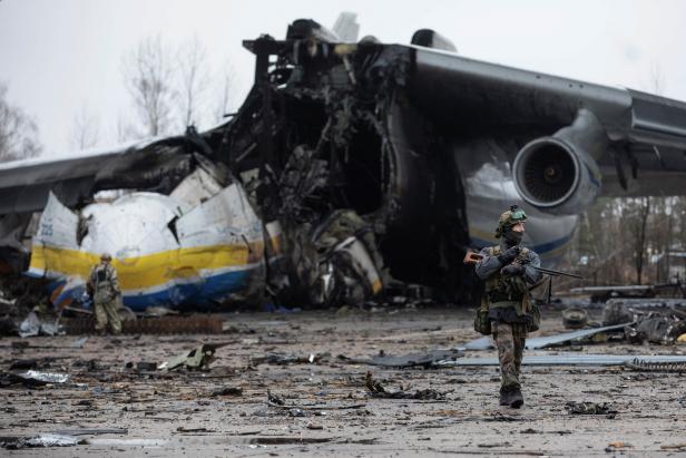 An Antonov An-225 Mriya cargo plane, the world's biggest aircraft, destroyed by Russian troops is seen at an airfield in the settlement of Hostomel