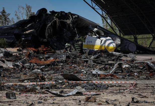An Antonov An-225 Mriya cargo plane, the world's biggest aircraft, destroyed by Russian troops is seen at an airfield in the town of Hostomel