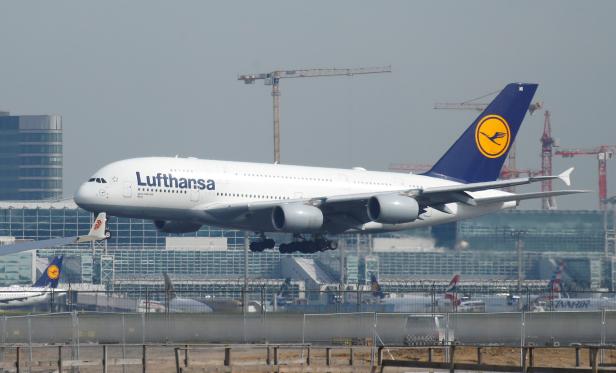 FILE PHOTO: A Lufthansa Airbus A380 aircraft lands at Frankfurt Airport in Frankfurt, Germany
