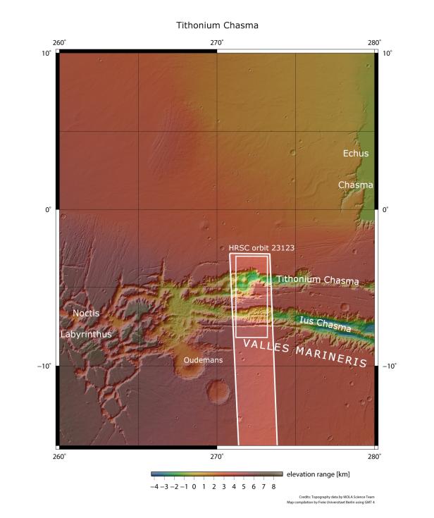 Ausschnitt zeigt, auf welche Region der Valles Marineris sich die Mars Express Sonde mit ihrer neuesten Aufnahme konzentriert hat