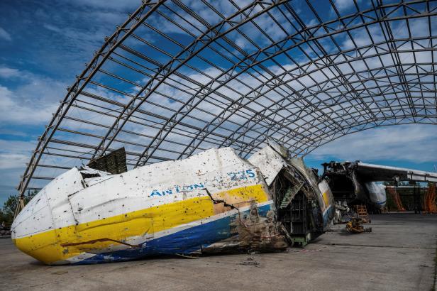 The world's biggest aircraft Antonov An-225 Mriya, destroyed by Russian troops, is seen at an airfield in the settlement of Hostomel