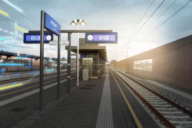 Bahnhof Achau mit DS3 Schriftzug auf Anzeigetafeln