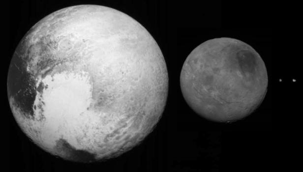 Pluto, Charon, Nix und Hydra im Größenvergleich