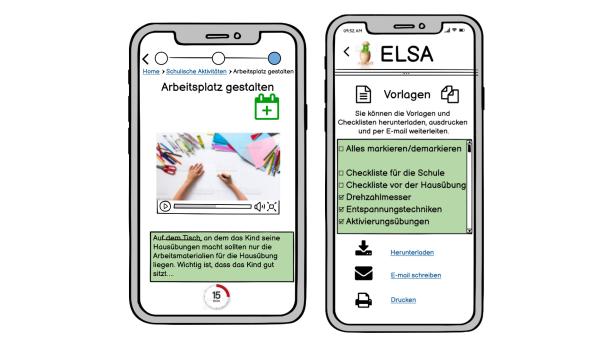 Zwei Screenshot-Skizzen für die ELSA-App
