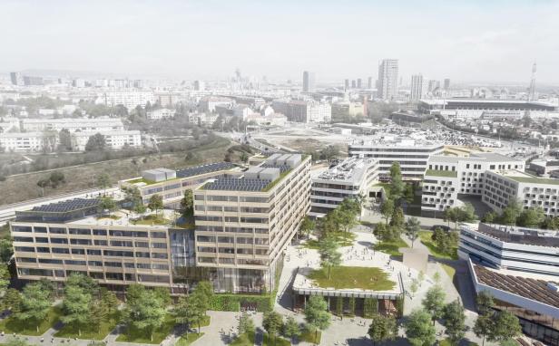 FH Campus Wien auf dem Weg zur Science City. Vorne links der zweite Erweiterungsbau, geplante Fertigstellung 2024 (Planer ARGE F+P ARCHITEKTEN / WGA), dahinter der erste, 2022 in Betrieb genommene Erweiterungsbau, rechts geplantes Studierendenwohnhaus, rechts vorne das 2009 bezogene erste FH-Gebäude.