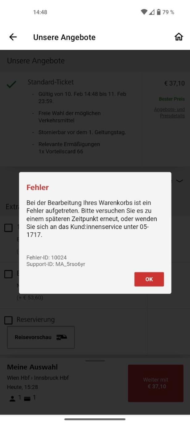 Fehlermeldung beim Ticketkauf