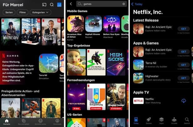 So findet man die Netflix-Games auf iPhone und iPad: links direkt in der App, rechts im App Store.