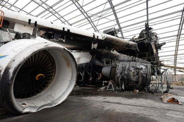 Antonov An-225 Mriya cargo plane, the world's biggest aircraft, destroyed by Russian troops is seen at an airfield in Hostomel