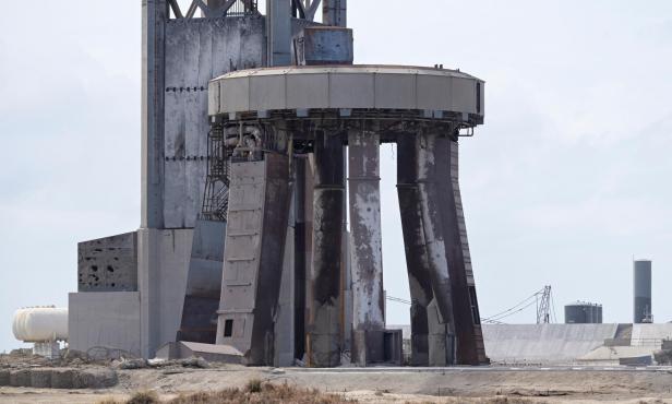 The launch pedestal is shown on SpaceX's launchpad after their next-generation Starship and super heavy rocket launched, causing damage at the company's Boca Chica facility, near Brownsville