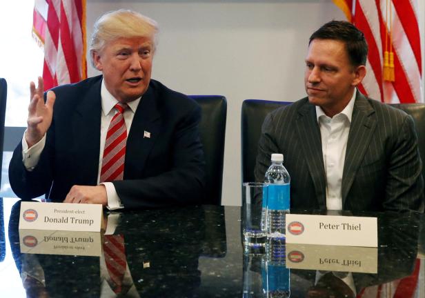 FILE PHOTO: U.S. President-elect Donald Trump sits with PayPal co-founder and Facebook board member Peter Thiel, during a meeting with technology leaders at Trump Tower in New York