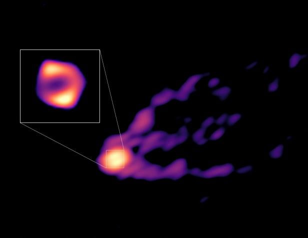 Jet and shadow of the black hole at the center of the M87 galaxy