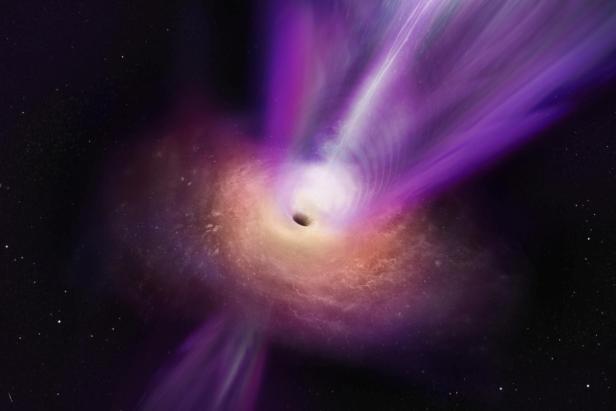 A huge jet is seen rising from the center of the black hole