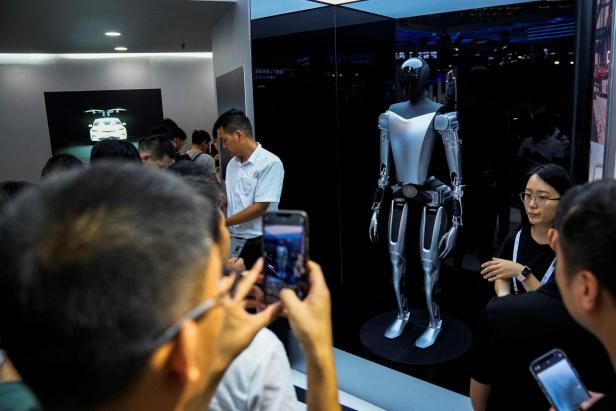 A Tesla Bot is displayed at the World Artificial Intelligence Conference (WAIC) in Shanghai