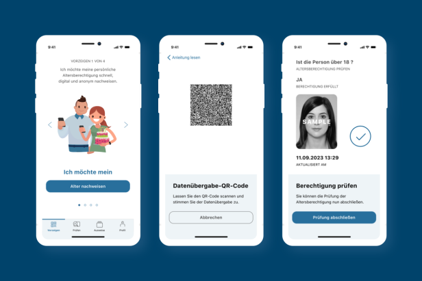 Die ersten beiden Screenshots zeigen, wie man mit der App sein Alter nachweist. Der dritte zeigt, was das Gegenüber zu sehen bekommt: Ein Foto, ein Häkchen, mehr nicht