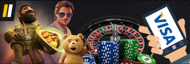 Online Casino Visa Logo auf dem Smartphone-Bildschirm, Roulette im Hintergrund, Chips, Figuren aus Spielautomaten und Filmen