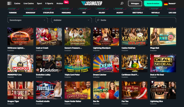Bildschirmfoto der Casinozer Live-Spiele-Startseite