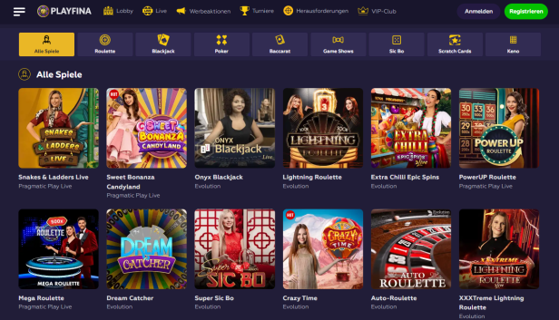 Bildschirmfoto der Playfina Live-Casino-Startseite
