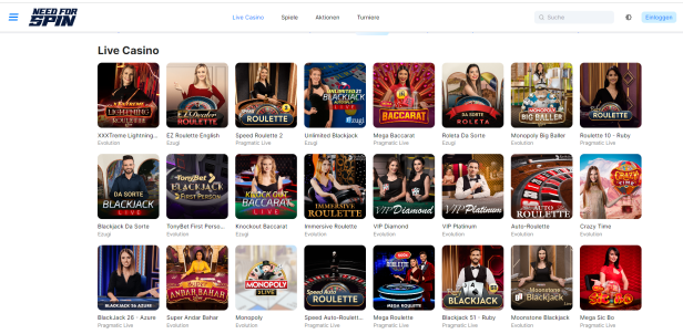 Screenshot der NeedForSpin Live-Casino-Startseite