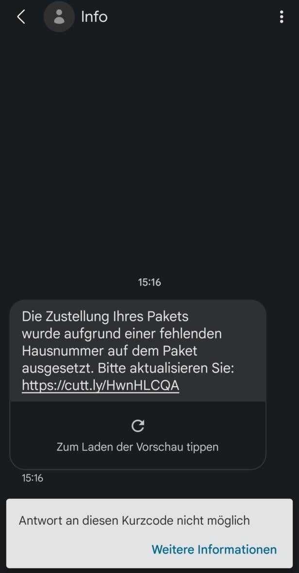 Die futurezone hat diese SMS der aktuellen Phishing-Welle bekommen