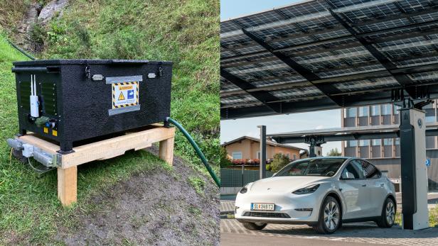 Das Kleinstwasserkraftwerk von BU-Maschinenbau (li.) und Urban-PV von Anywhere.Solar (re.)