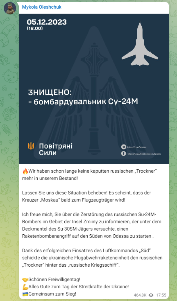 Screenshot von Nikolai Oleshchuks übersetztem Posting auf Telegram