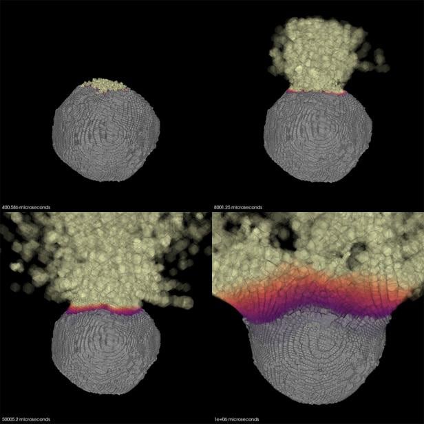 Frames aus der Simulation einer Atombombenzündung auf einem Asteroiden