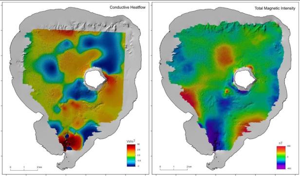 Links die Hitzeverteilung im See, rechts die Magnetisierbarkeit des Gesteins.
