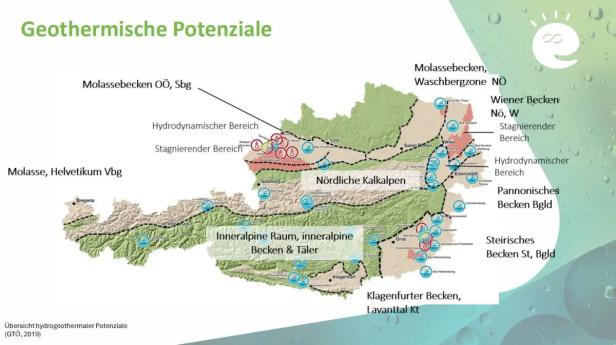 Karte der Geothermie-Potenziale in Österreich: Rot gestrichelt die Gebiete mit über 100 Grad Celsius heißen unterirdischen Wasservorkommen