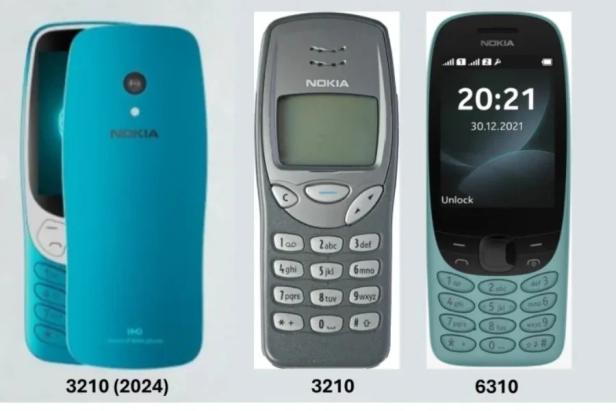 Vergleichsbild mit dem kommenden neuen 3210, dem alten 3210 und dem Nokia 6310 aus dem Jahr 2021