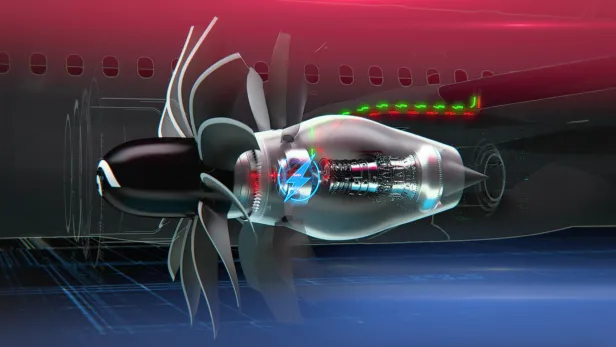 Eine schematische Darstellung eines Flugzeugtriebwerks mit einem blauem Blitzsymbol.