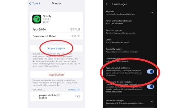 Bei iOS kann man bei der Speicherübersicht direkt eine App anklicken und diese dann auslagern (links). Bei Android muss man im Google Play Store unter dem Nutzerprofil die automatische Archivierung aktivieren (rechts).