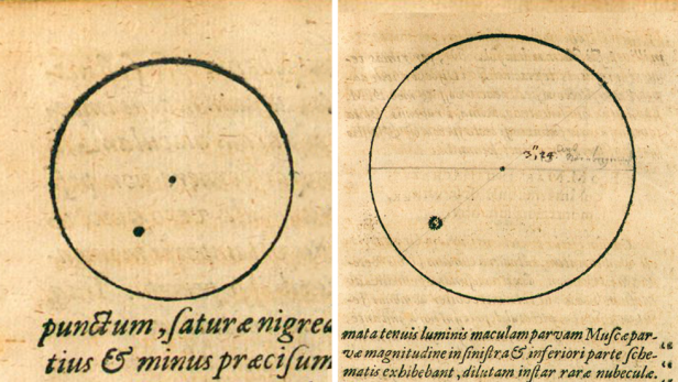 Keplers Aufzeichnung eines vermeintlichen Merkur-Transits vor der Sonne. Eigentlich hat er Sonnenflecken gesehen