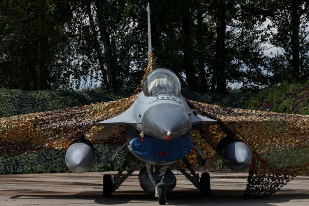 Ukrainian Air Forces F-16 fighting aircraft is seen on the ground in an undisclosed location in Ukraine