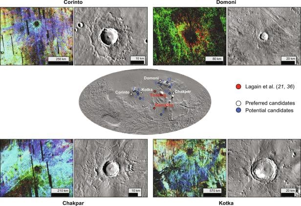 Die Meteoriten sollen von den Kratern Corinto, Domoni, Kotka, Chakpar und Tooting stammen.