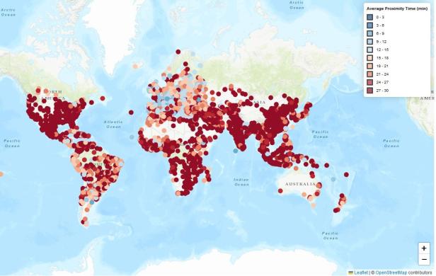 Die meisten Städte auf der Welt sind auf der Karte tiefrot. In manchen müsste man 70 Prozent der Einrichtung woanders hin versetzen, dass die Bewohner sie in 15 Minuten erreichen könnten.